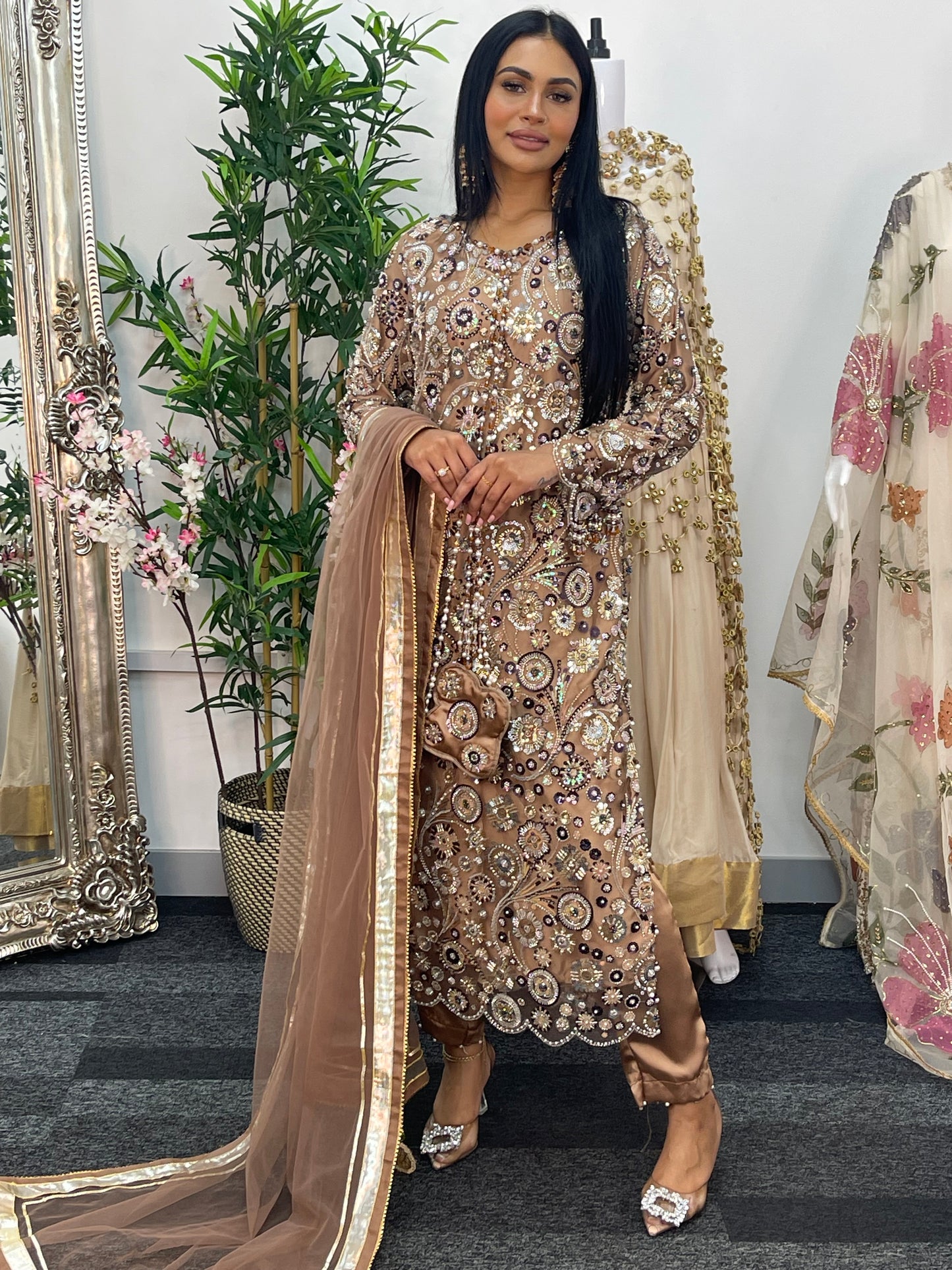 pakistani traditional dress | Cutdana Net - Brown