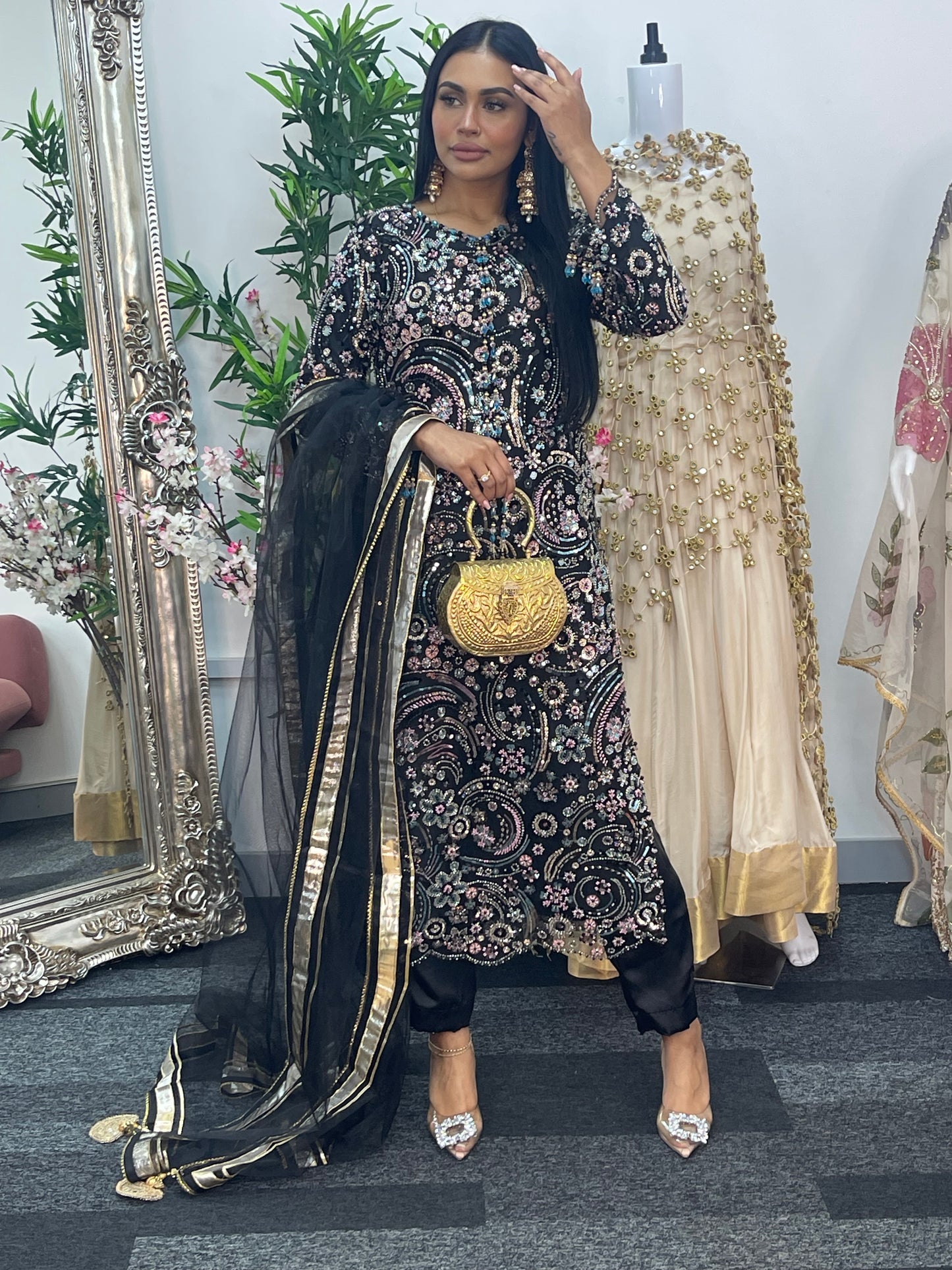 pakistani traditional dress | Cutdana Net - Black
