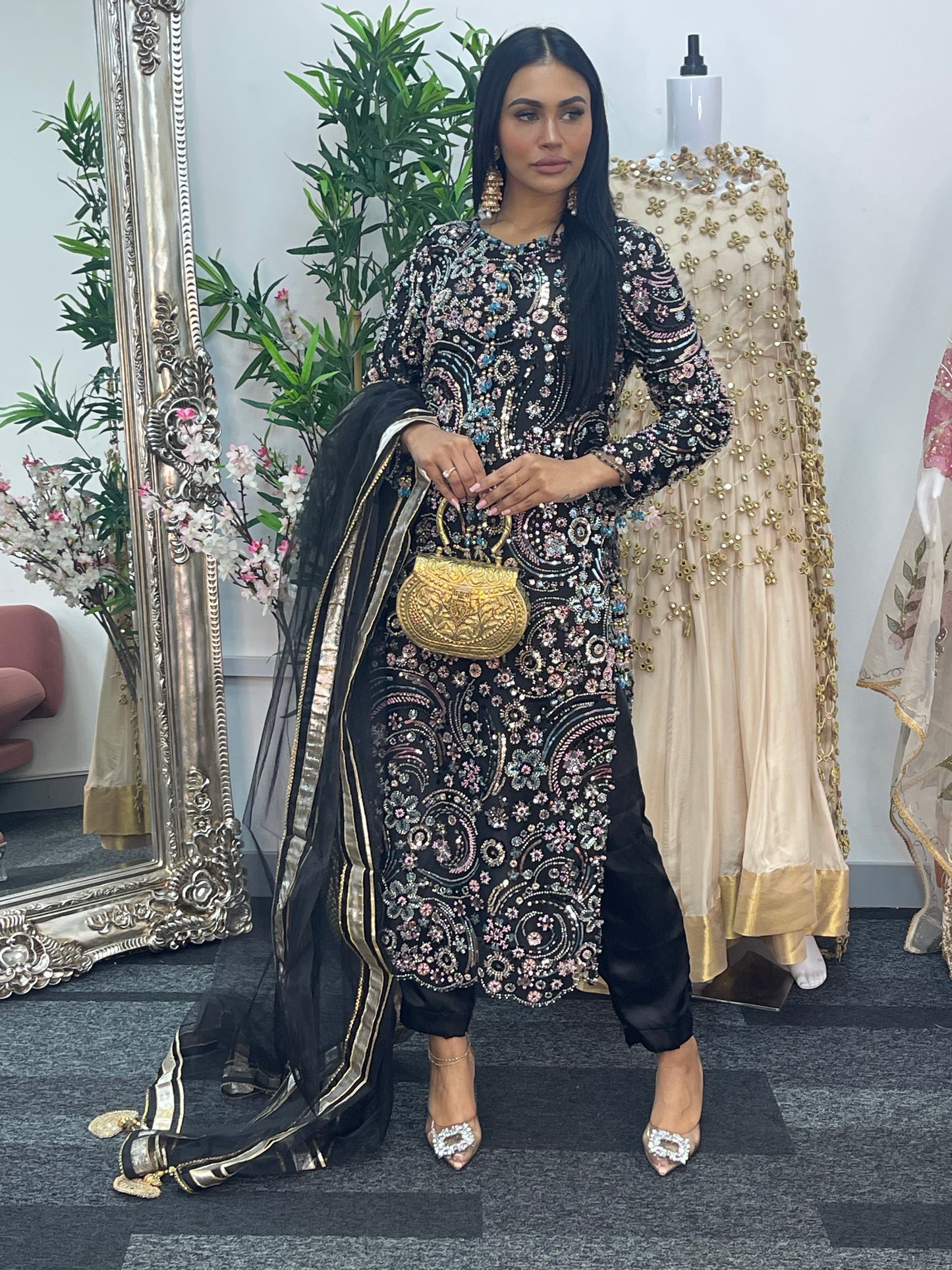 pakistani traditional dress | Cutdana Net - Black