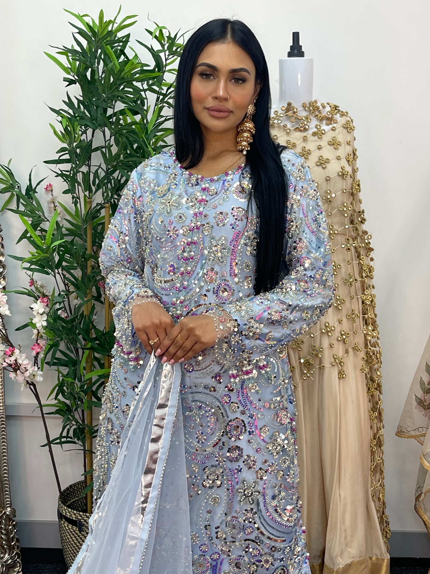 pakistani traditional dress | Cutdana Net - Sky Blue