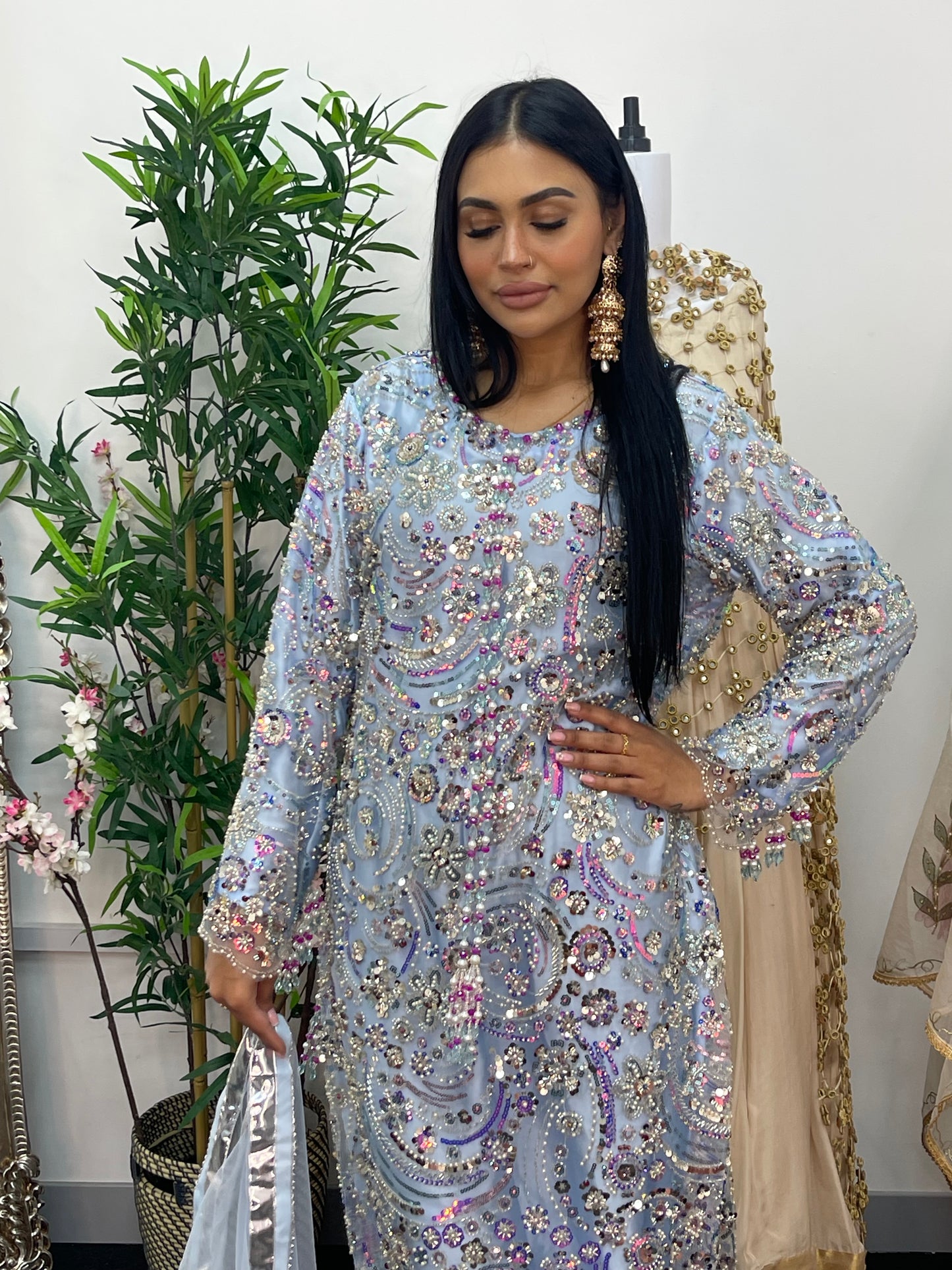 pakistani traditional dress | Cutdana Net - Sky Blue