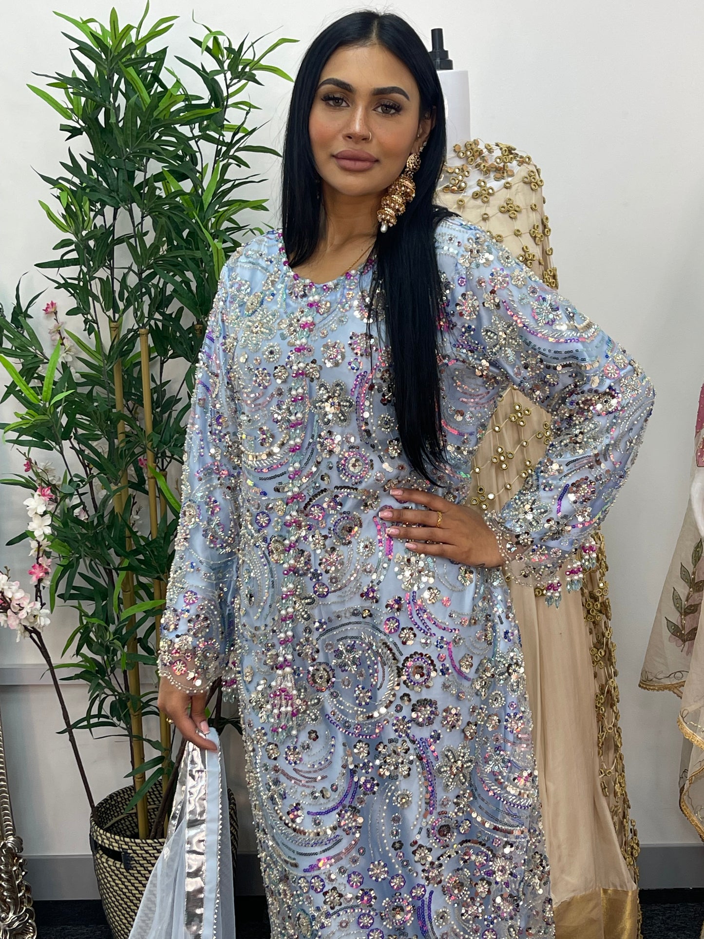 pakistani traditional dress | Cutdana Net - Sky Blue