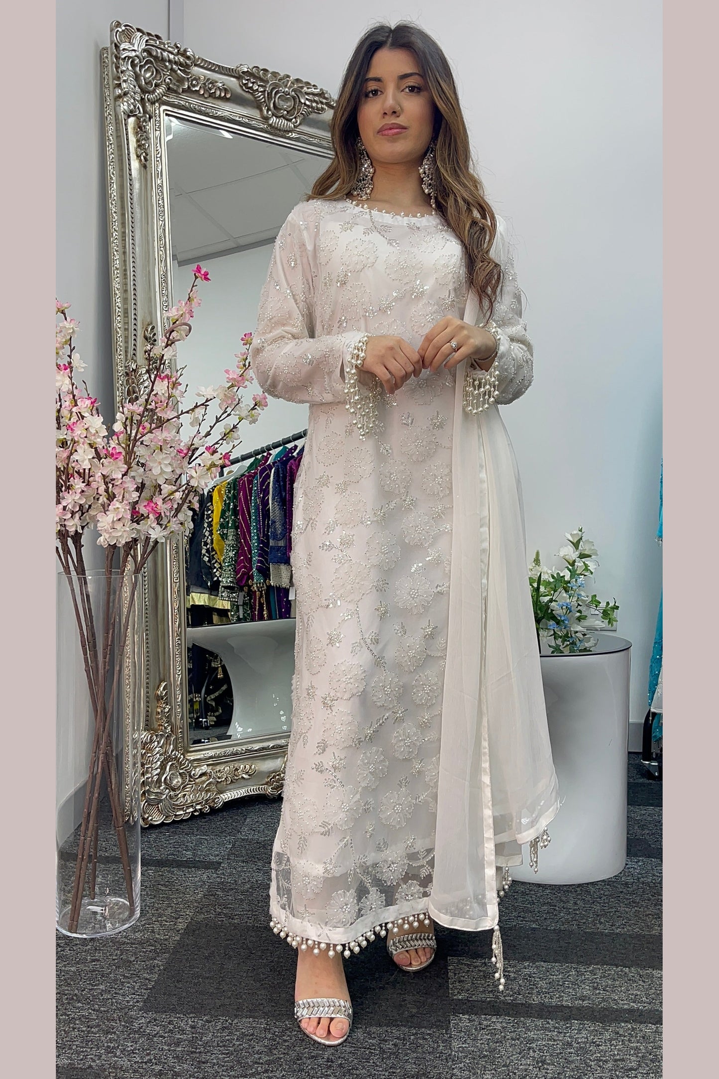 Pearl Crush - 3D Cutdana Net - White Party Outfit - Nikkah-