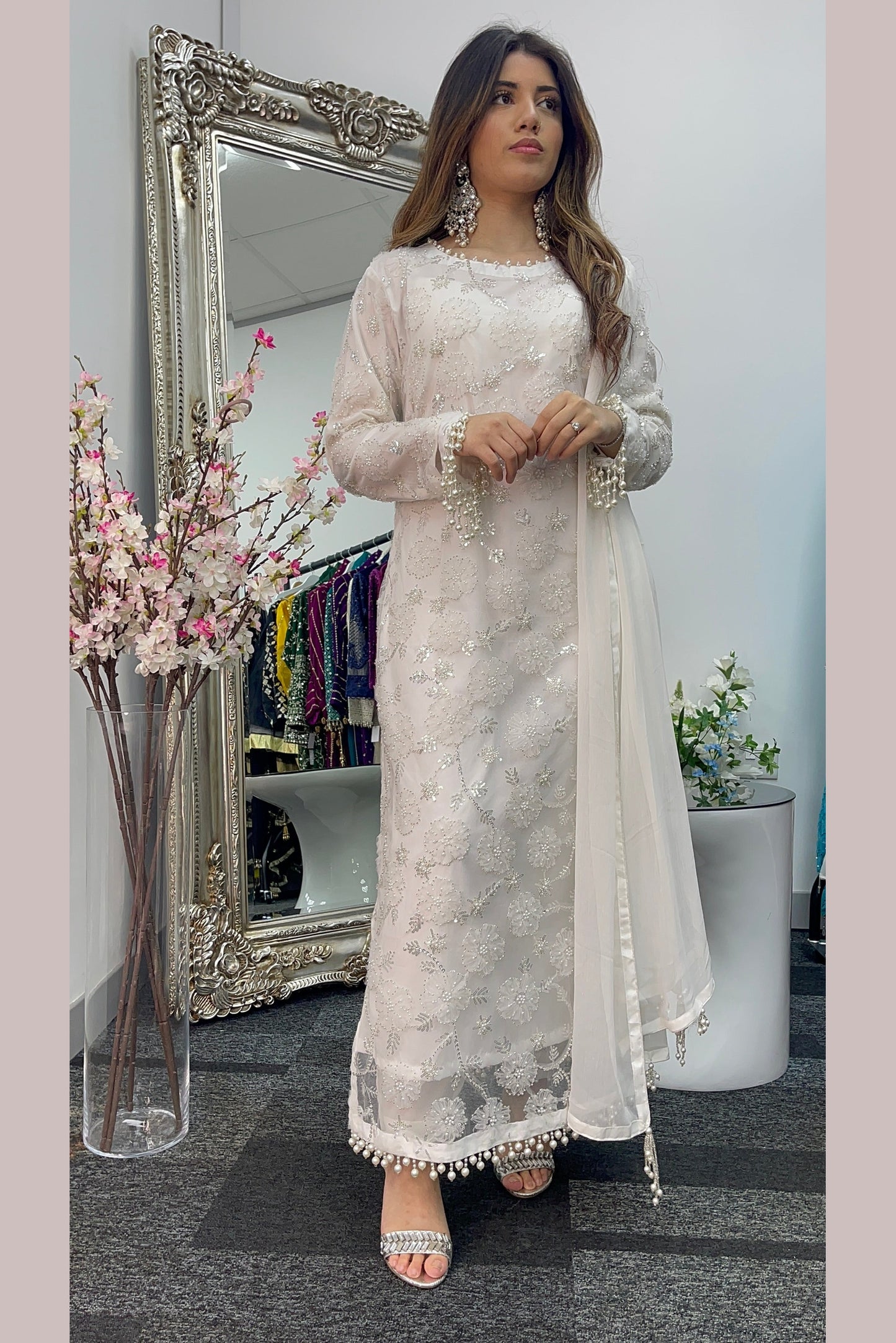 Pearl Crush - 3D Cutdana Net - White Party Outfit - Nikkah-