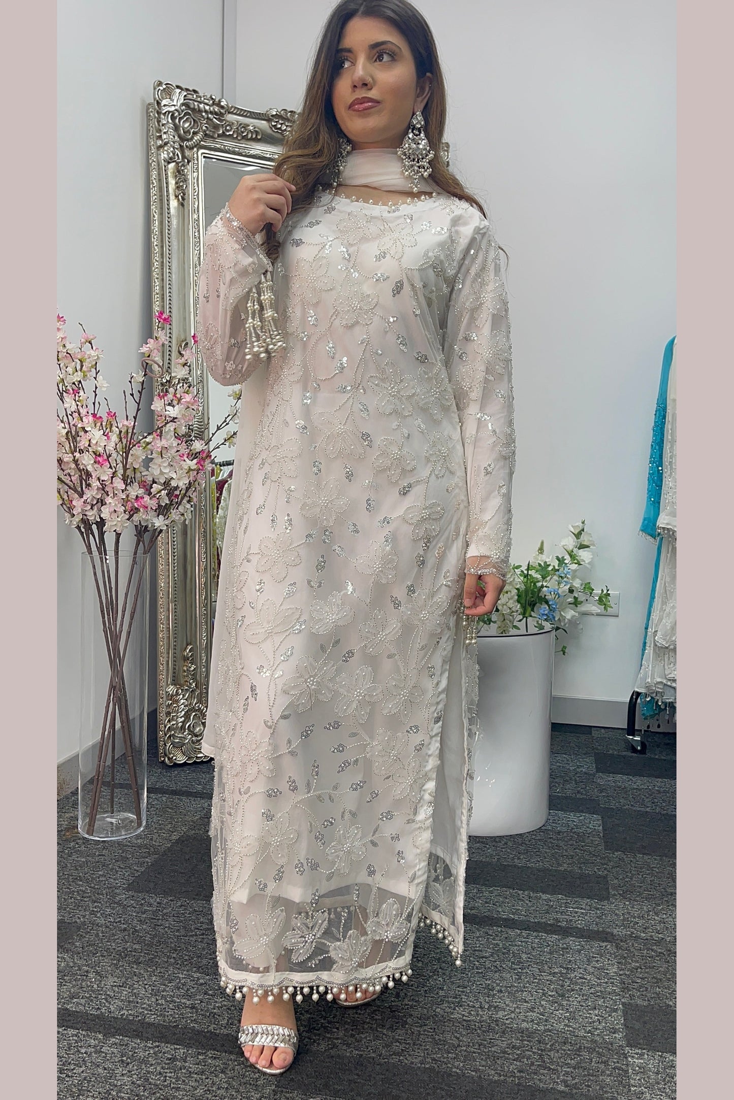 Pearl Crush Twist - White 3D Cutdana - Nikkah Outfit -