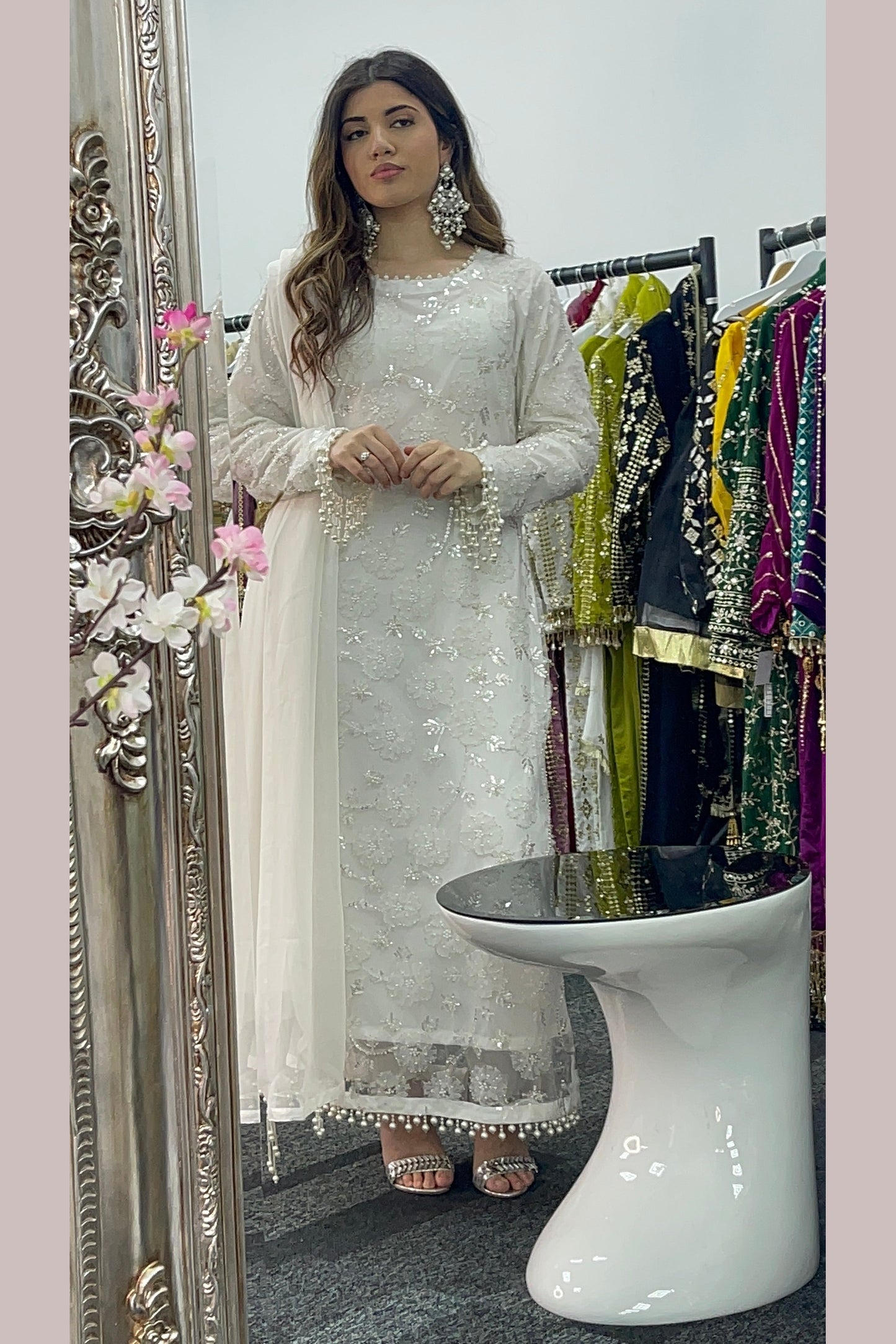 Pearl Crush - 3D Cutdana Net - White Party Outfit - Nikkah-