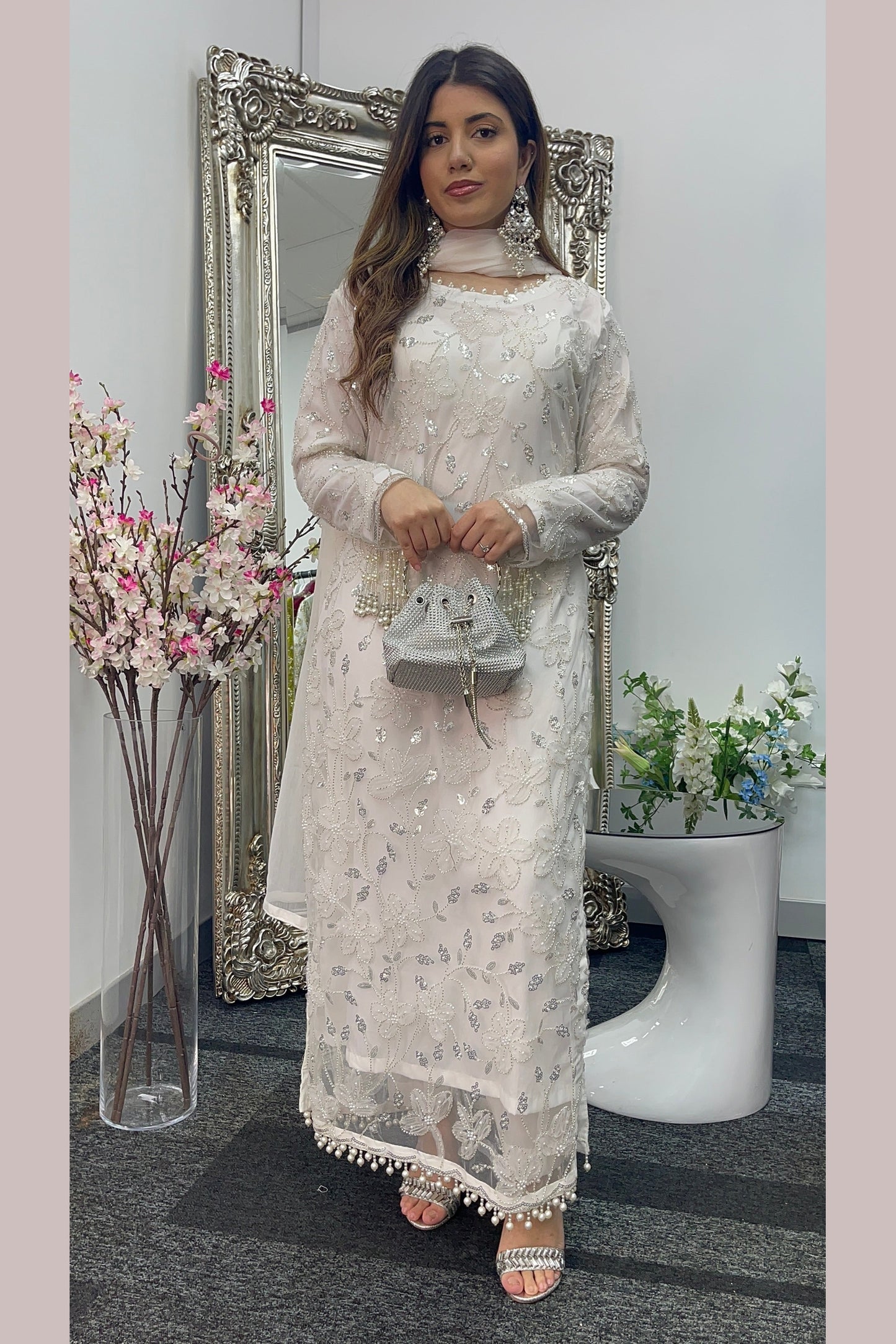 Pearl Crush Twist - White 3D Cutdana - Nikkah Outfit -