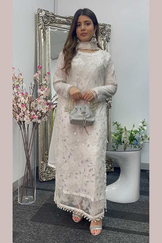 Pearl Crush Twist - White 3D Cutdana - Nikkah Outfit -