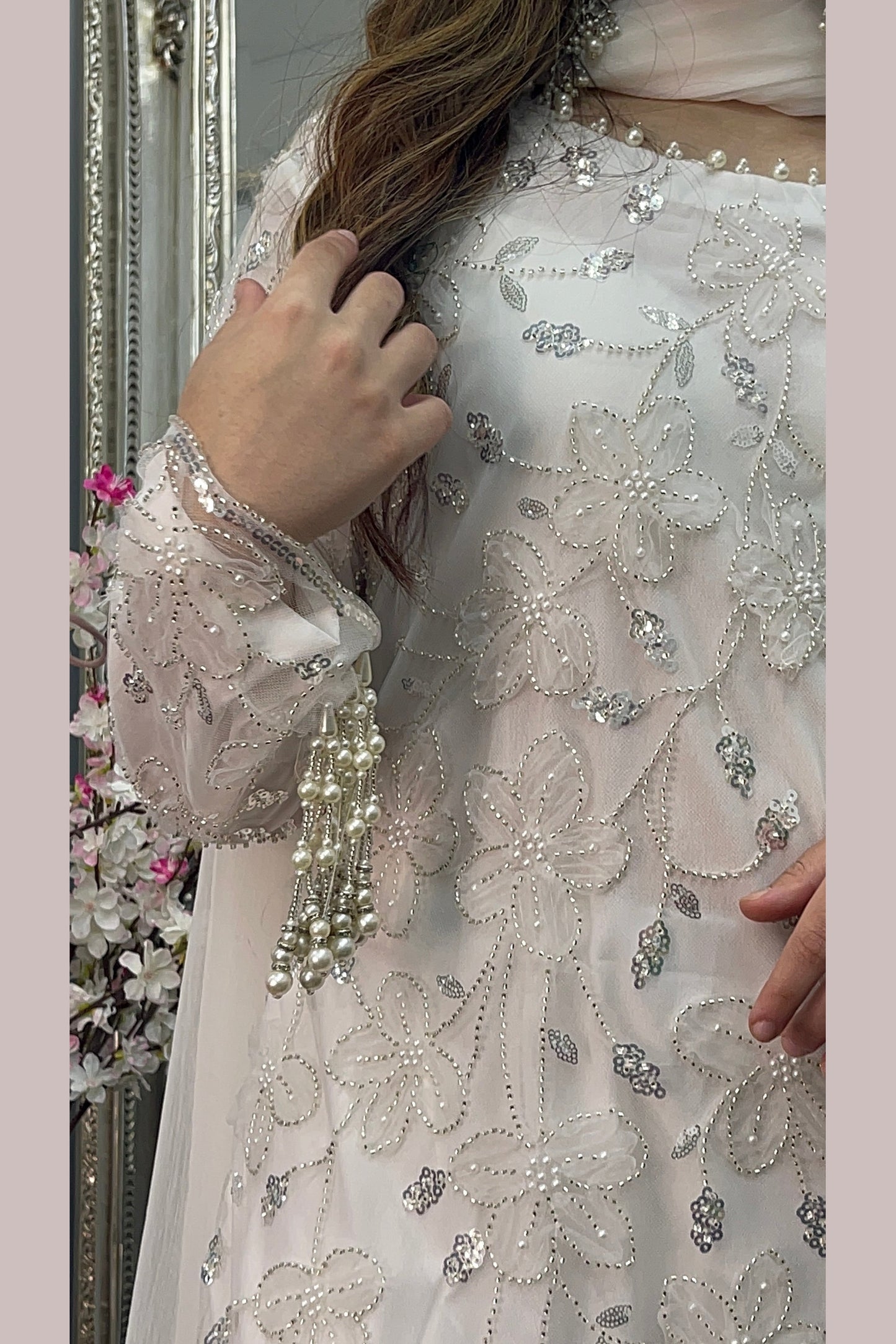 Pearl Crush Twist - White 3D Cutdana - Nikkah Outfit -