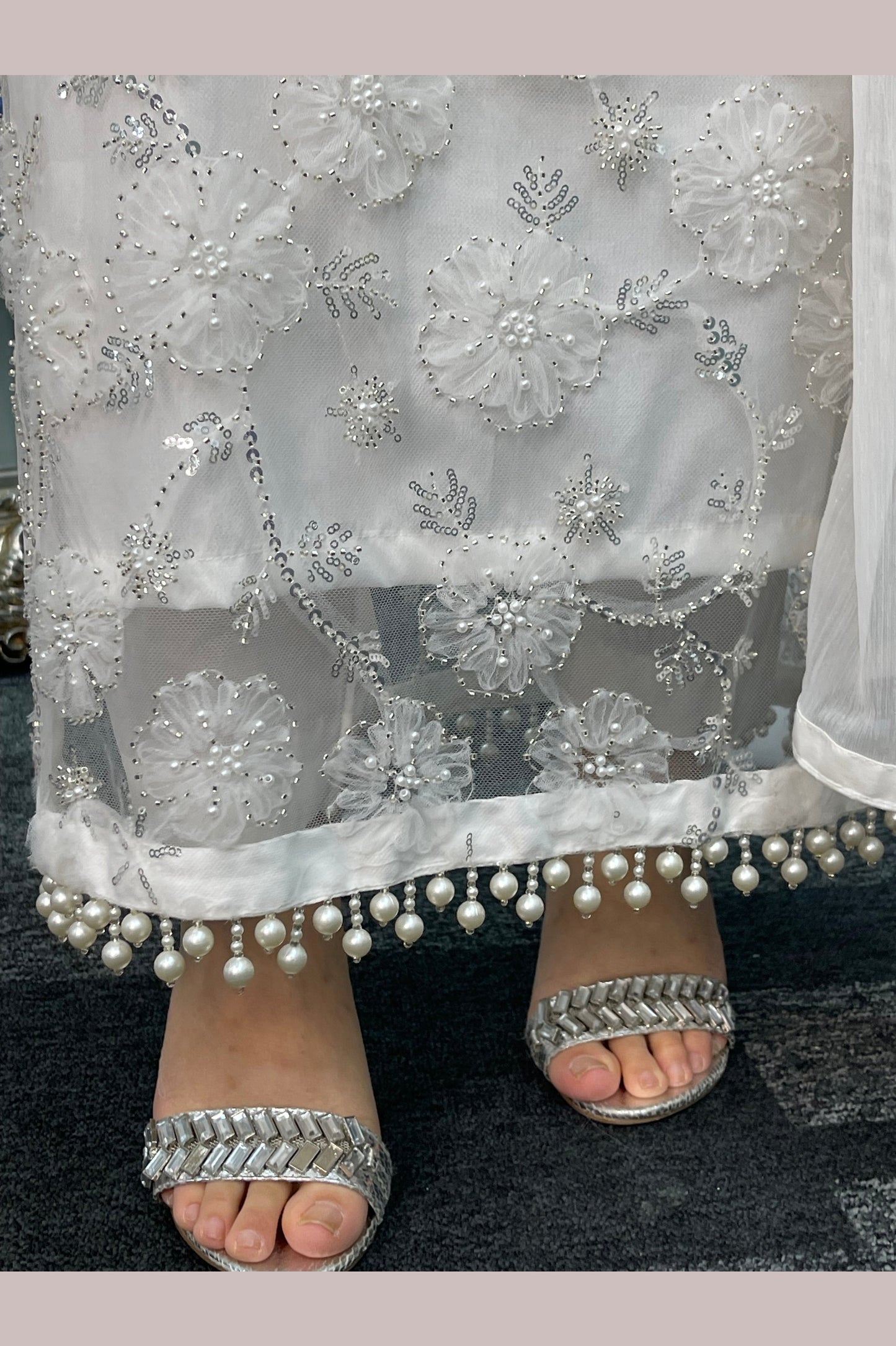 Pearl Crush - 3D Cutdana Net - White Party Outfit - Nikkah-