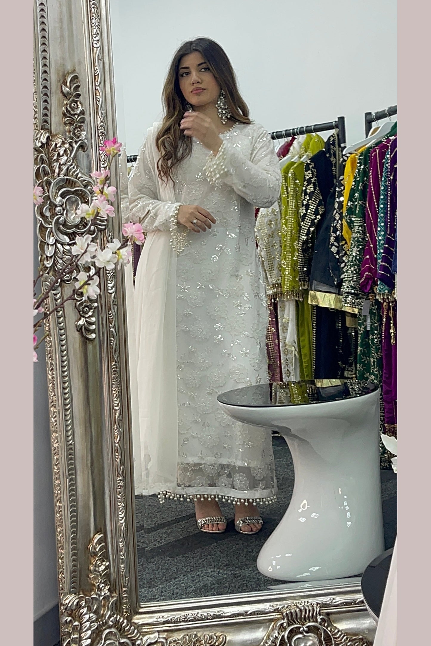 Pearl Crush - 3D Cutdana Net - White Party Outfit - Nikkah-